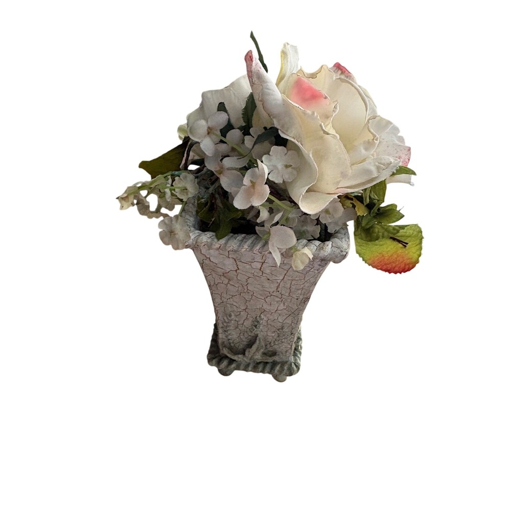 Vintage Style Faux Rose Floral Arrangement in Crackle Glaze Footed Planter Urn